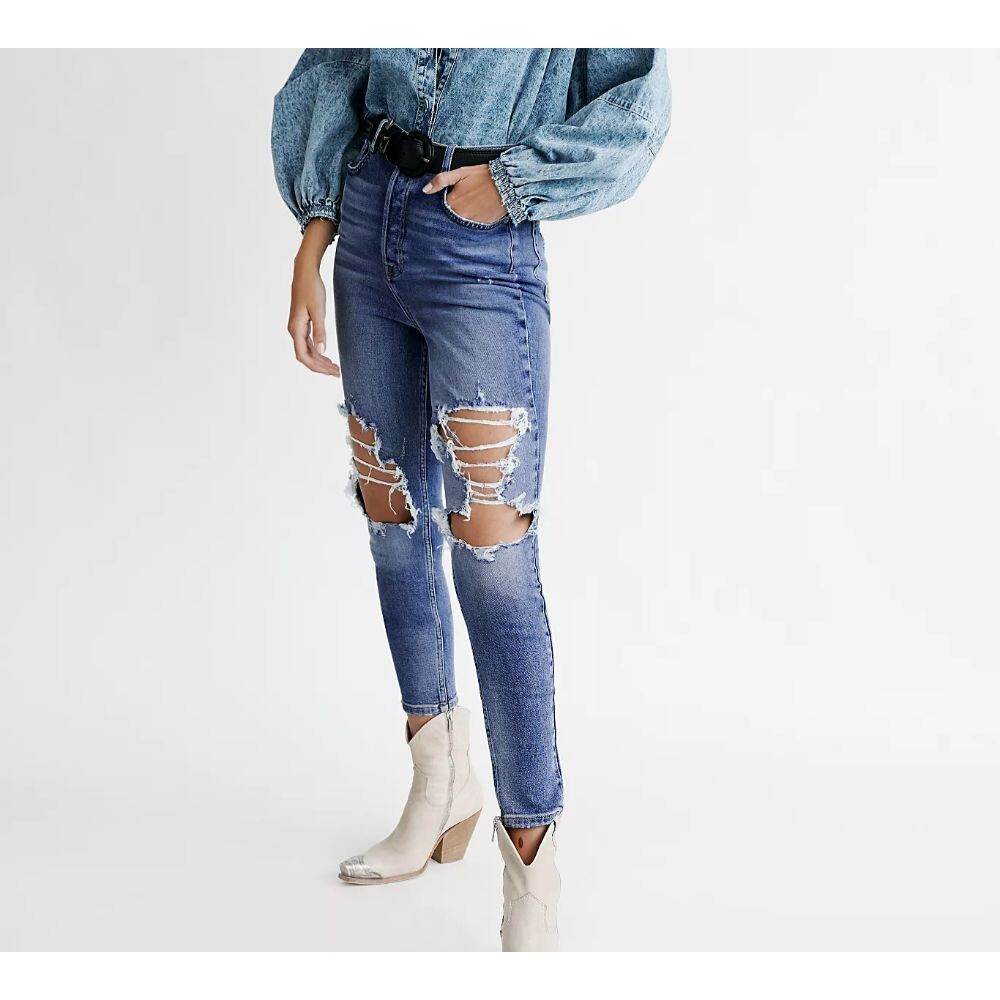 Free People We the Free Phoenix Ripped Skinny Button Fly Jeans Size 24 MSRP $98